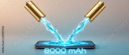 Gold Power Batteries Charging Smartphone with Light Beams