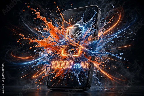 Dramatic Phone Battery Burst with Blue and Orange Energy Splash