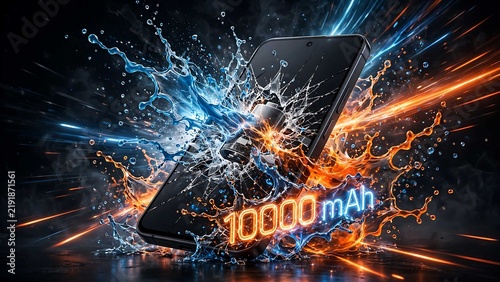 Vertical Smartphone Battery Burst Effect with Fire and Water Splash