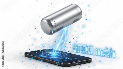 Cylindrical Power Bank Pouring Blue Lightning into Phone