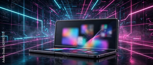 Foldable Phone Home Screen Glowing in Cyberpunk Setting