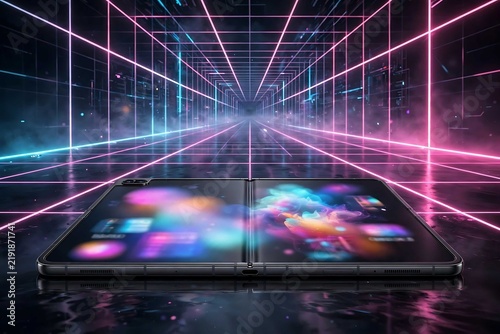 Foldable Smartphone Against Neon Cyberpunk Grid Background