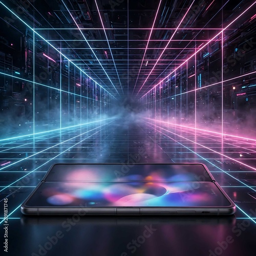 Foldable Smartphone in Futuristic Neon Light Corridor