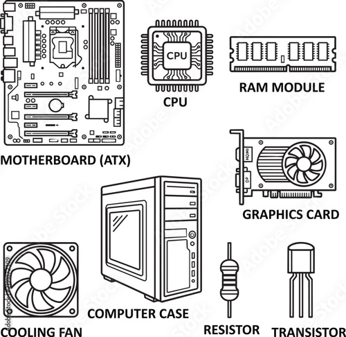 Computer Hardware Components and PC Parts Set Vector Illustration