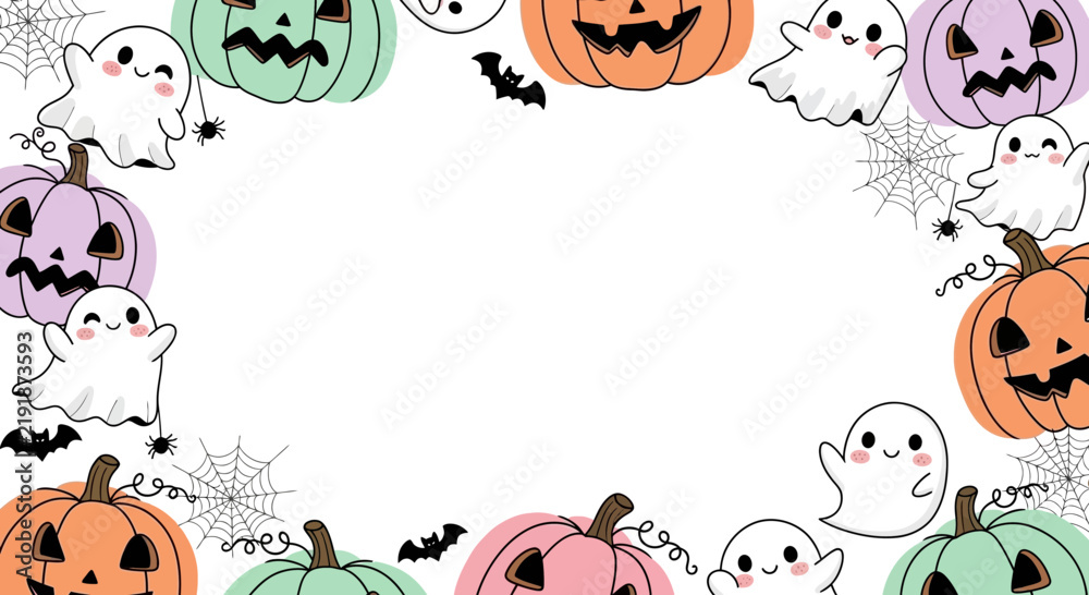 Fototapeta premium Cute Halloween Frame with Friendly Ghosts and Pumpkins for Festive Invitations