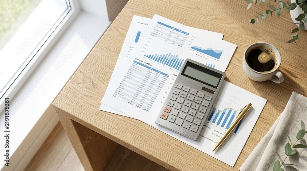 Obraz premium Calculator and financial charts on a wooden desk with coffee and pen