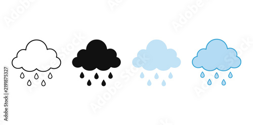 Minimalist rain cloud icon set, weather forecast symbols in black and blue, rainy day vector graphics for mobile apps and web design interfaces