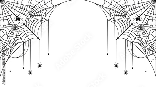 Spiderwebs vector illustration with hanging spiders and arch frame for Halloween design