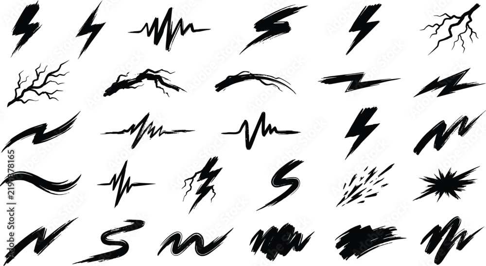 Fototapeta premium Set of black hand drawn lightning bolts and electric spark symbols isolated on a white background, for and comic