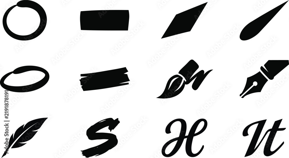 Fototapeta premium Set of black including writing tools, brush strokes, and calligraphy isolated on a white background for