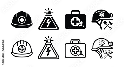 Emergency service icons depicting helmets warning signs and medical kits in black