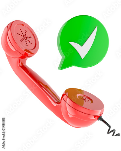 Red telephone handset with green check mark, transparent background