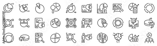 Set of 30 outline icons related to pie chart. Linear icon collection. Editable stroke. Vector illustration