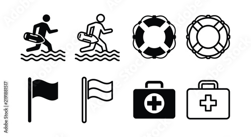 Lifeguard warning icons depicting surfing rescue and medical assistance