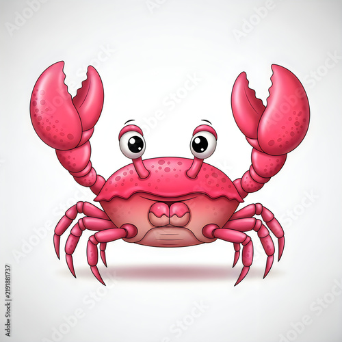 Cute pink cartoon crab character isolated on a white background