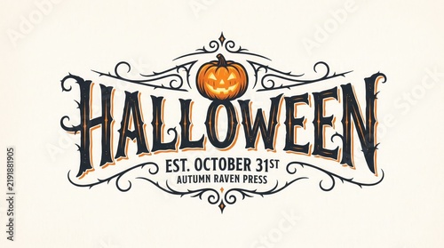 Halloween vector typographic badge with jack o lantern pumpkin and spooky vintage ornaments