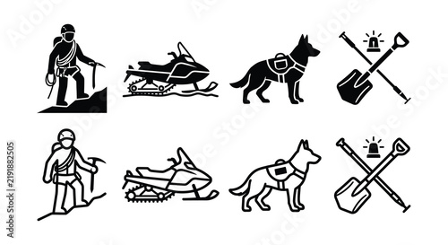 Mountaineer snowmobile search and rescue dog and avalanche tools silhouette set