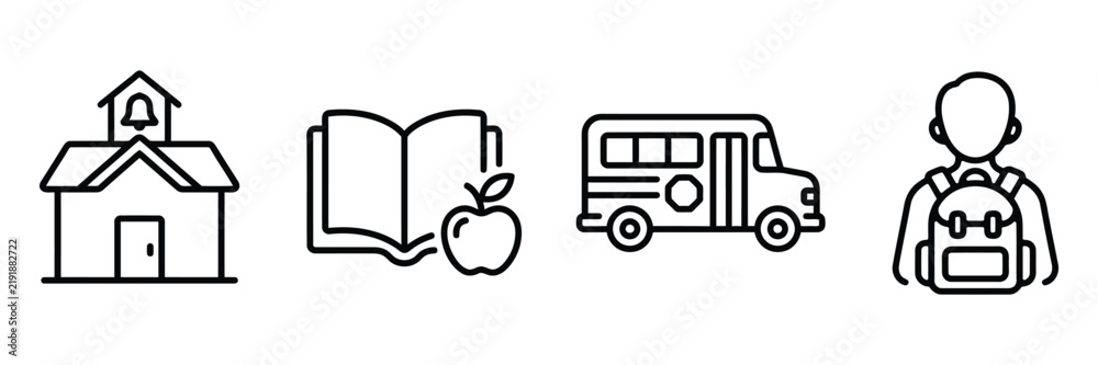 Fototapeta premium Set Of Four Education Related Lineart Icons Isolated On Transparent Background Featuring School Building Book Bus Student