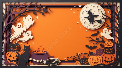 Halloween background illustration with layered paper cut art featuring ghosts, witch, and pumpkins