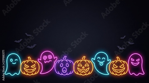 Neon Halloween illustration with glowing ghosts and jack o lanterns on dark background