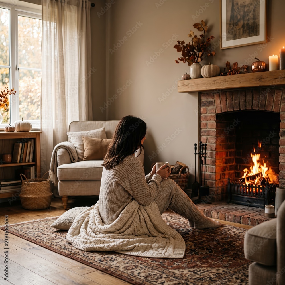 Naklejka premium A woman wearing a cozy sweater sits by a warm fireplace. Concept autumn clothing, home comfort, seasonal fashion, cozy lifestyle, perfect for lifestyle and fashion promotions. Generative AI