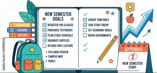 New Semester Checklist Illustration, Academic Planning and Study Goals