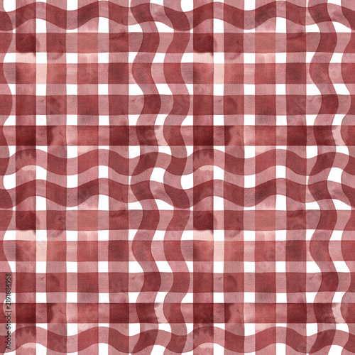 Seamless pattern stripes waves sea ​​marine red Checkered hand drawn watercolor illustration. Decoration, design, fabric, wrapping paper. On isolated background. Stripe wave geometric Abstract decor
