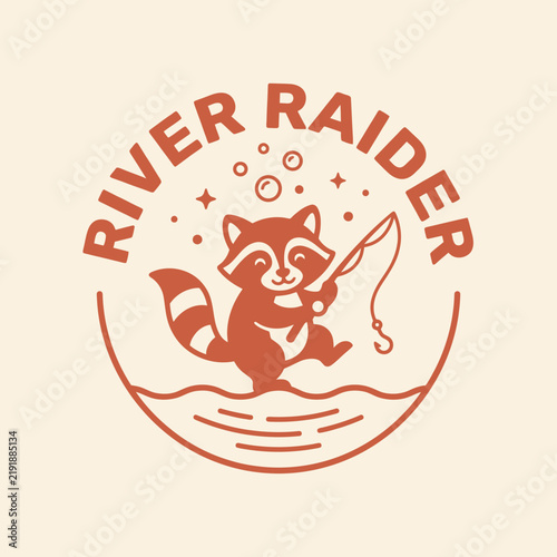 Stylized Raccoon Fishing in Emblem for River Raider Brand.