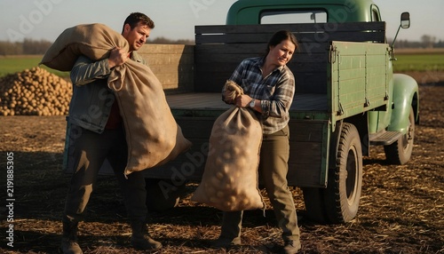 Farmer man and woman loading sacks of potatoes into old green truck on field at sunset. Autumn harvest work on family farm with pile of vegetables in background.