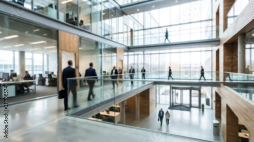 Contemporary corporate office building interior with multilevel glass walkways and professional business people walking