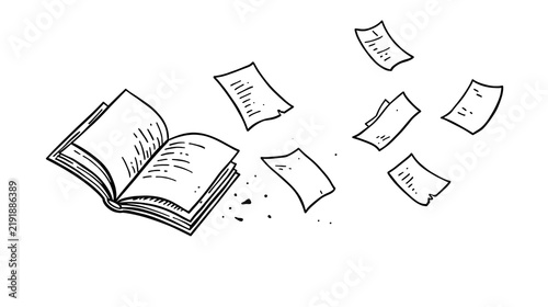 Hand drawn open book with floating loose pages isolated on transparent background PNG element