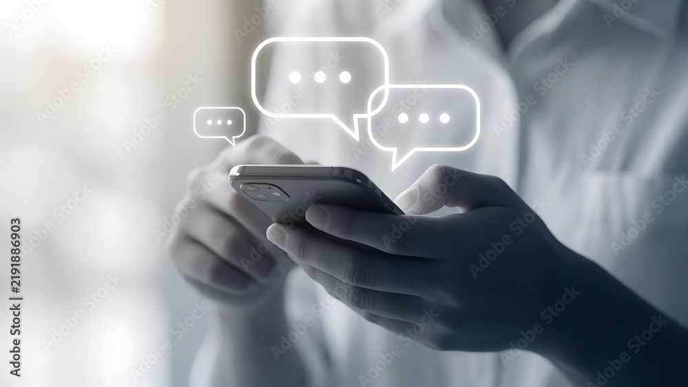 Obraz premium Person using smartphone with glowing chat bubbles for social media messaging