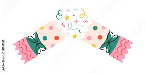 Cute Christmas cracker with colorful festive pattern and bows. Perfect for Christmas designs. Flat vector illustration