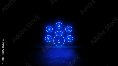 Neon glowing currency symbol. Dollar euro yen yuan pound rupee sign video animation. Neon glowing Global currency symbols animation. Neon lighting Currency symbol dollar euro pound yen rupee.