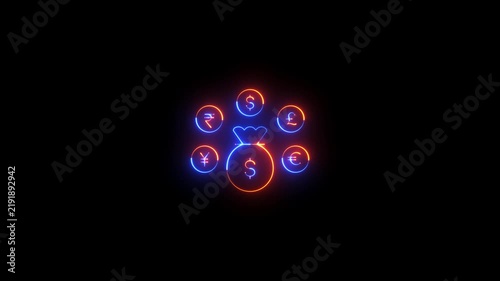 Neon glowing currency symbol. Dollar euro yen yuan pound rupee sign video animation. Neon glowing Global currency symbols animation. Neon lighting Currency symbol dollar euro pound yen rupee.