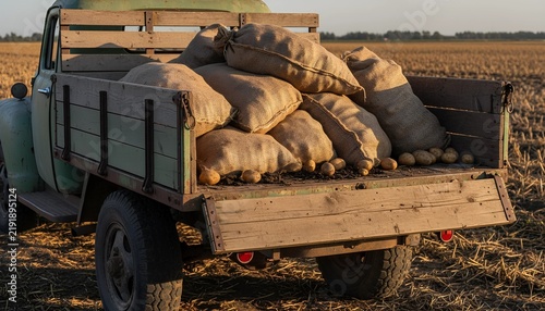 Vintage green farm truck loaded with burlap sacks of harvested potatoes in stubble field. Rustic wooden bed filled with potato bags at golden sunset.
