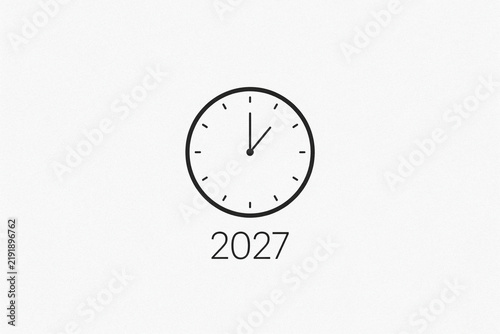 Minimalist 2027 New Year clock icon, simple black line art timepiece on white background, conceptual future planning and countdown graphic