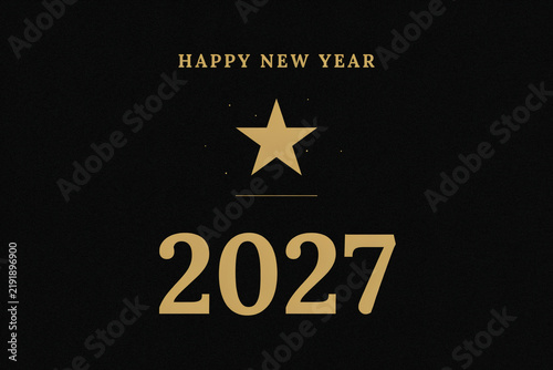 Happy New Year 2027 elegant greeting card, gold 2027 typography on black background, luxury holiday celebration banner with golden star