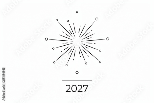 Minimalist 2027 New Year celebration icon, elegant black line art firework burst on white background, festive holiday starburst graphic