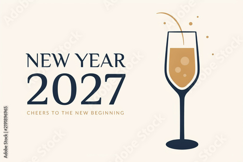 New Year 2027 celebration graphic, elegant champagne glass with bubbles, minimalist holiday greeting card design for seasonal marketing