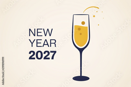 New Year 2027 celebration graphic, elegant champagne glass with bubbles and gold sparkles, minimalist holiday greeting card design