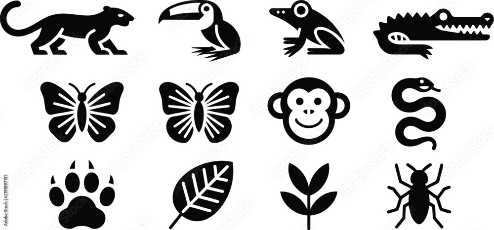 Fototapeta premium Jungle wildlife icons, solid jaguar toucan frog crocodile and bat symbols for tropical forest animals wildlife and nature themes.