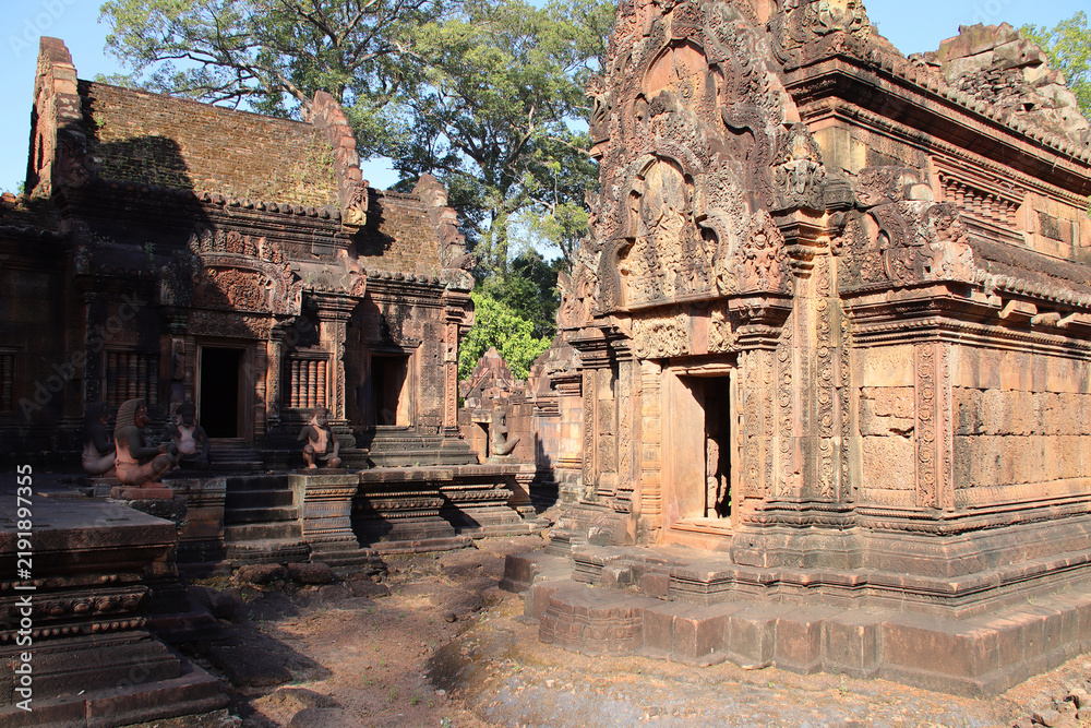 Obraz premium in a ruined buddhist and hindu khmer temple (banteay srei) in angkor in siem reap in cambodia 