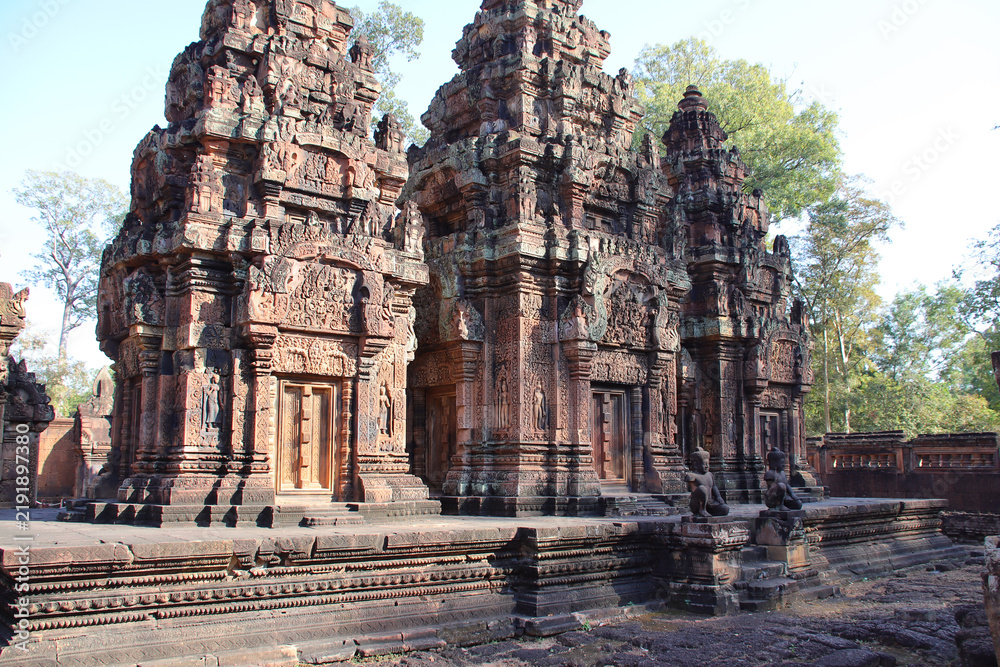 Obraz premium in a ruined buddhist and hindu khmer temple (banteay srei) in angkor in siem reap in cambodia 