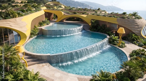 Luxury resort with tiered infinity pools and waterfalls surrounded by tropical plants. Futuristic yellow architecture with green roofs overlooks the sea and hills.