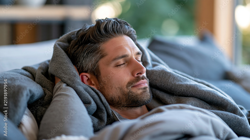 Fototapeta premium Young man resting in bed surrounded by warm blankets during a winter illness, fever recovery, seasonal flu, fatigue, healthcare at home, restful environment, with copy space