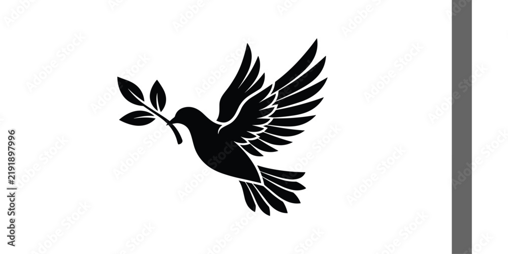 Fototapeta premium Peace dove flying with olive branch logo template. Black silhouette vector illustration of a bird in flight for hope, harmony, or wedding branding.