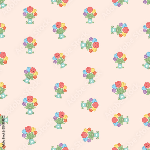 Kawaii Tulip Bouquet Seamless Pattern with Smiling Flowers