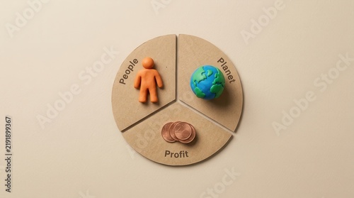 Triple bottom line concept featuring an earth globe, people figure, and coins on cardboard.