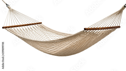 Quadro su tela Beige rope hammock with wooden spreader bars, isolated on transparent background